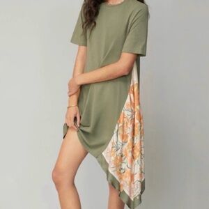 Anthropologie Tiny Guili Asymmetrical Tee Shirt Dress Olive Green Scarf Drape S